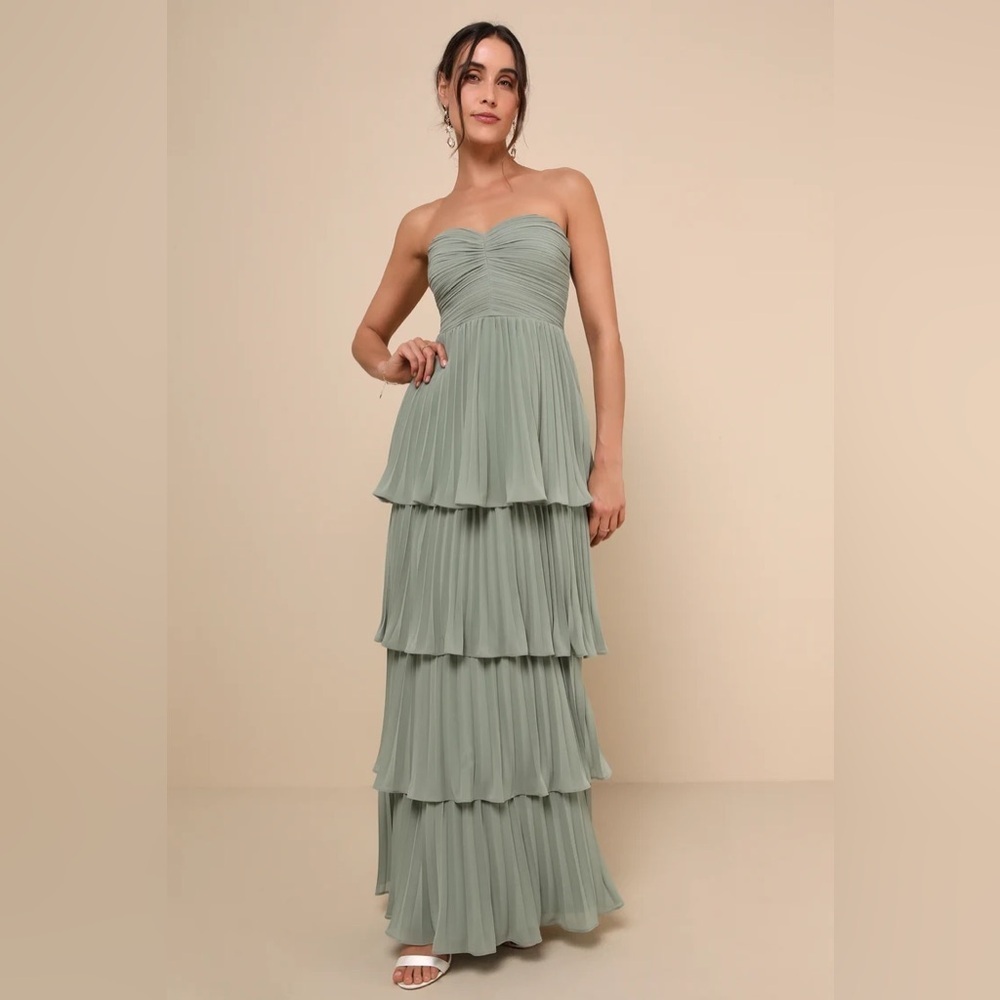 Lulus Seriously Sensational Sage Brush Strapless
Tiered Maxi Dress